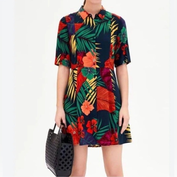 ZARA TRF Tropical Floral Leaf Button Down Dress, Size L - Picture 2 of 14